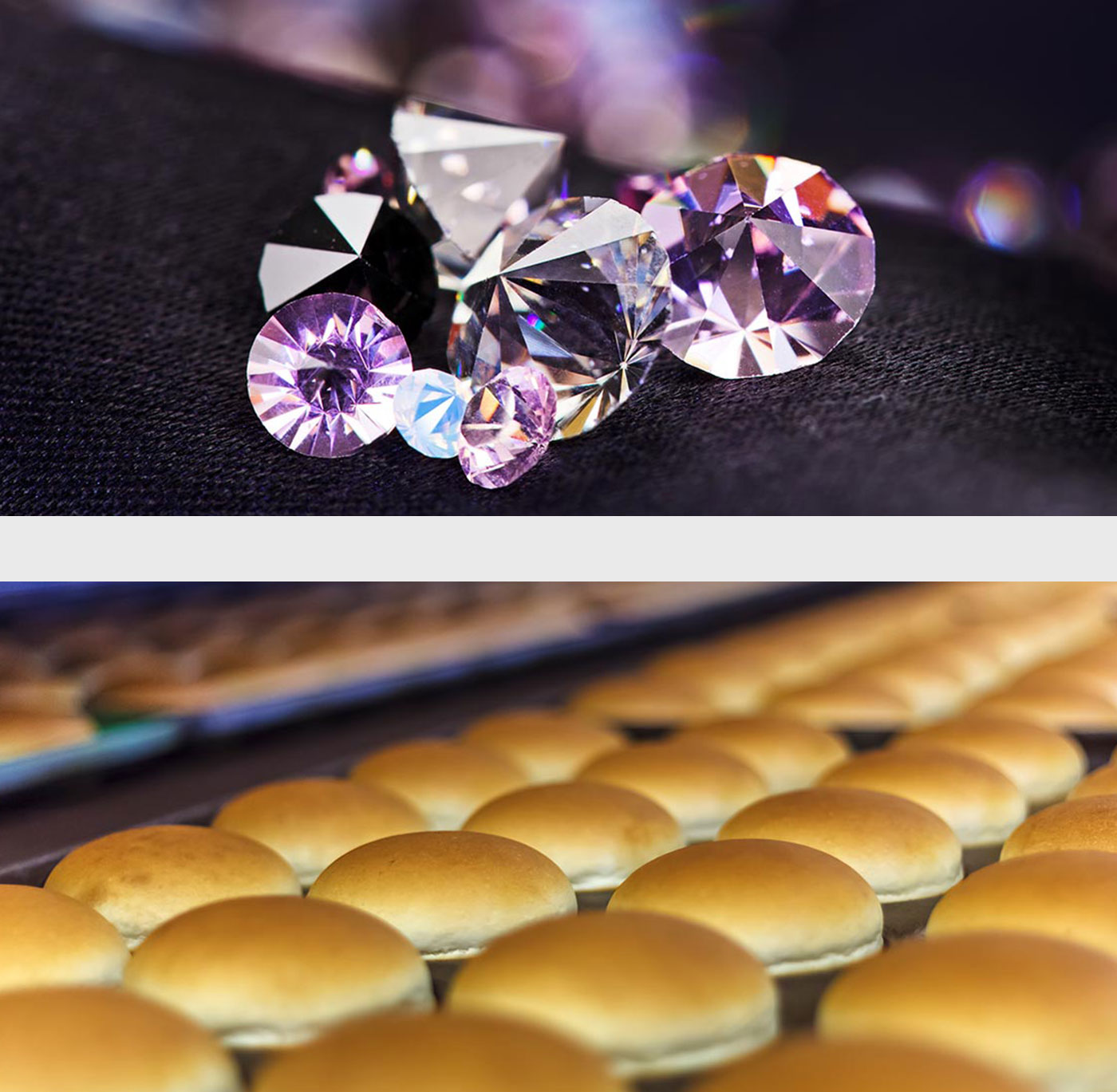 A collage of two images, one being several diamonds and the other a tray of burger buns